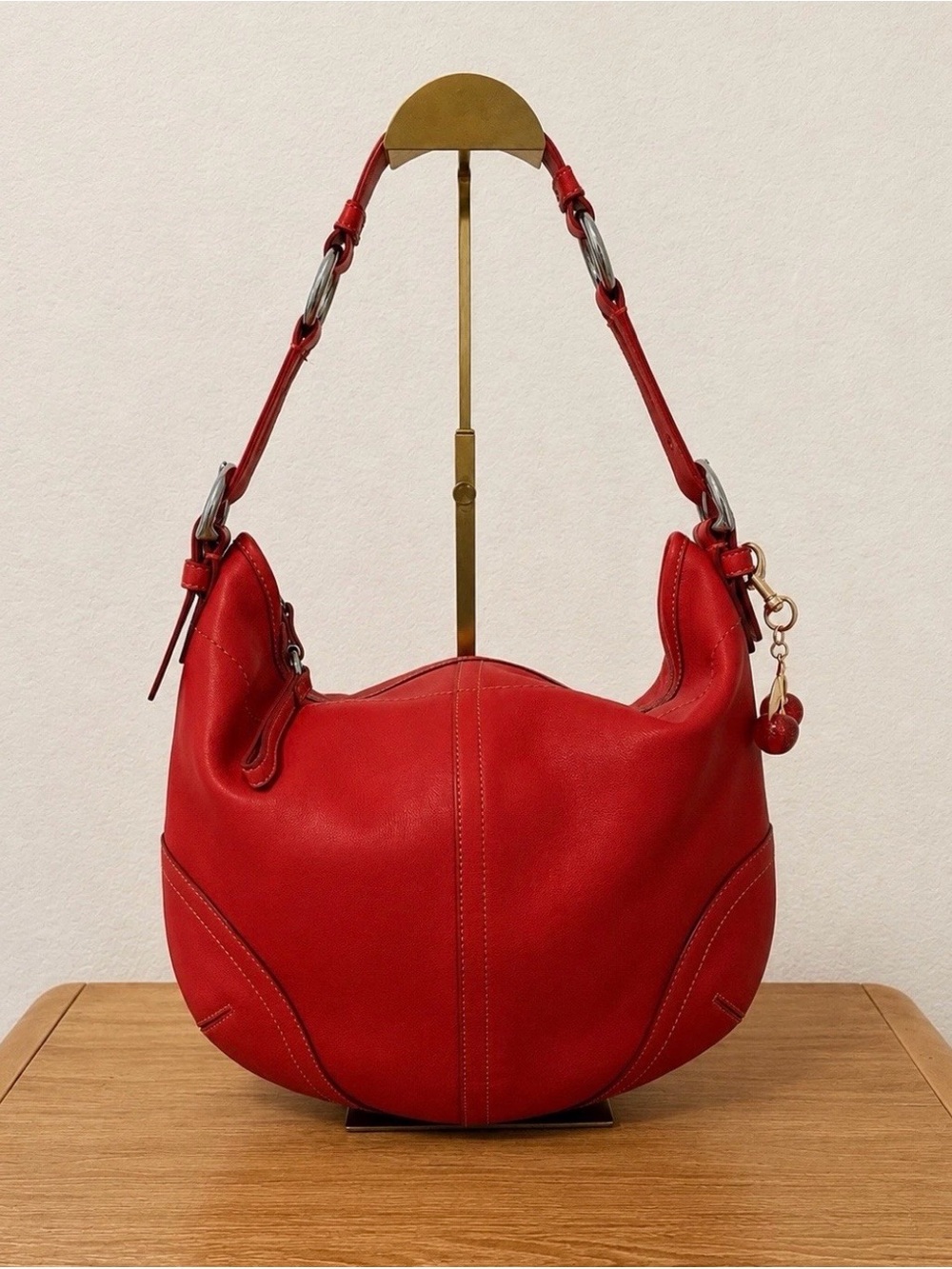 Coach Red Leather Hobo Bag with Ring-Detail Strap
